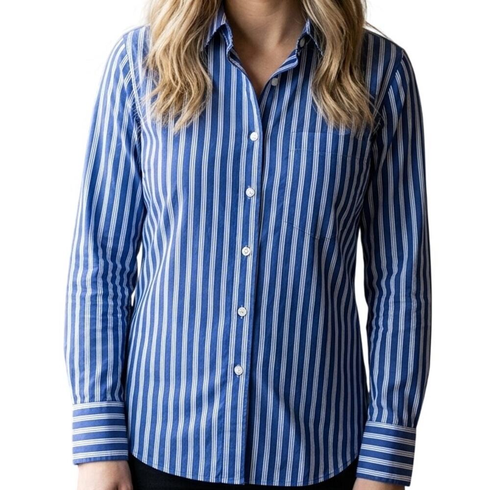 ANTHROPOLOGIE JAPNA Cotton Blend Striped Button Up Blouse Small Blue White Work